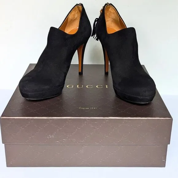 Gucci Betty High Heel Platform Bootie Size 36.5 | 6.5 Black Suede Bamboo Tassel - Picture 12 of 15